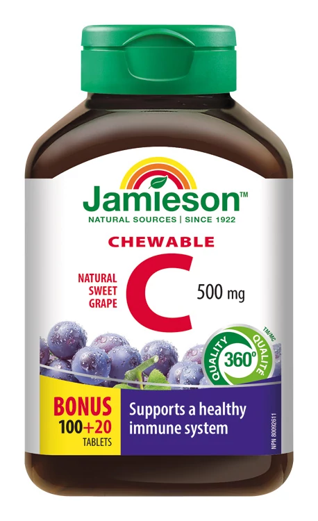 Jamieson C-vitamin 500mg rágótabletta -szőlő ízesítéssel 120x